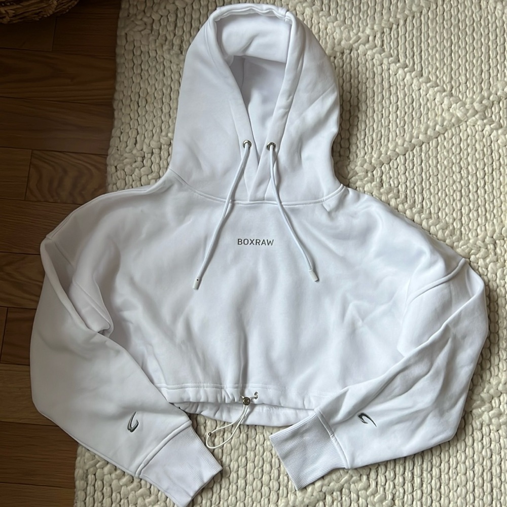 BoxRaw white cropped Johnson hoodie drawstring NWT Small